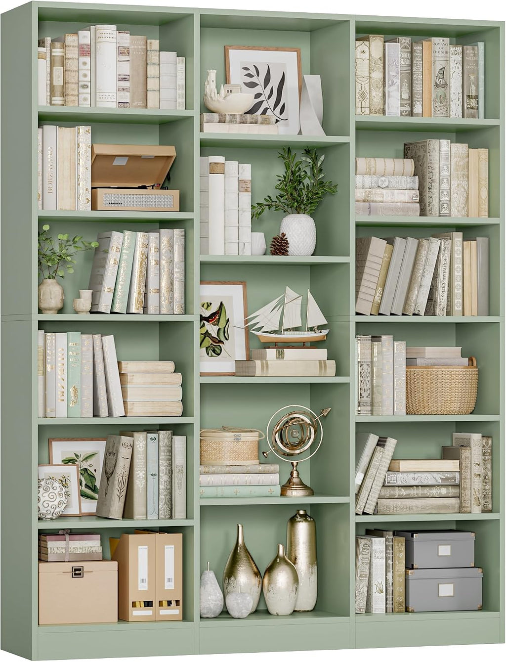 Triple Wide Bookshelf, Large Bookshelf with 17 Display Shelves | 74'' Tall Bookcases and Bookshelves, 58.7'' Extra Wide Book Shelves, 5/6 Tier Shelves for Living Room, Office, Library, Green