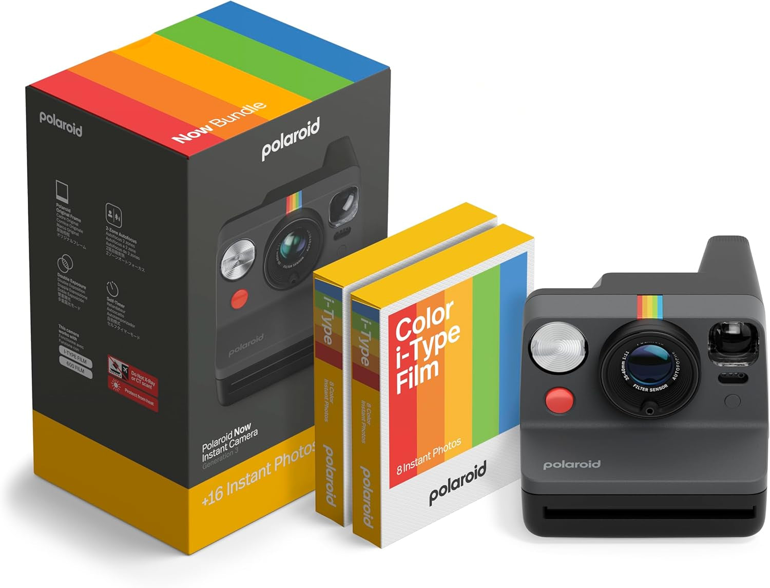 Now 3Rd Generation I-Type Instant Camera + Film Bundle - Now Black Camera + 16 Color Photos (6560)