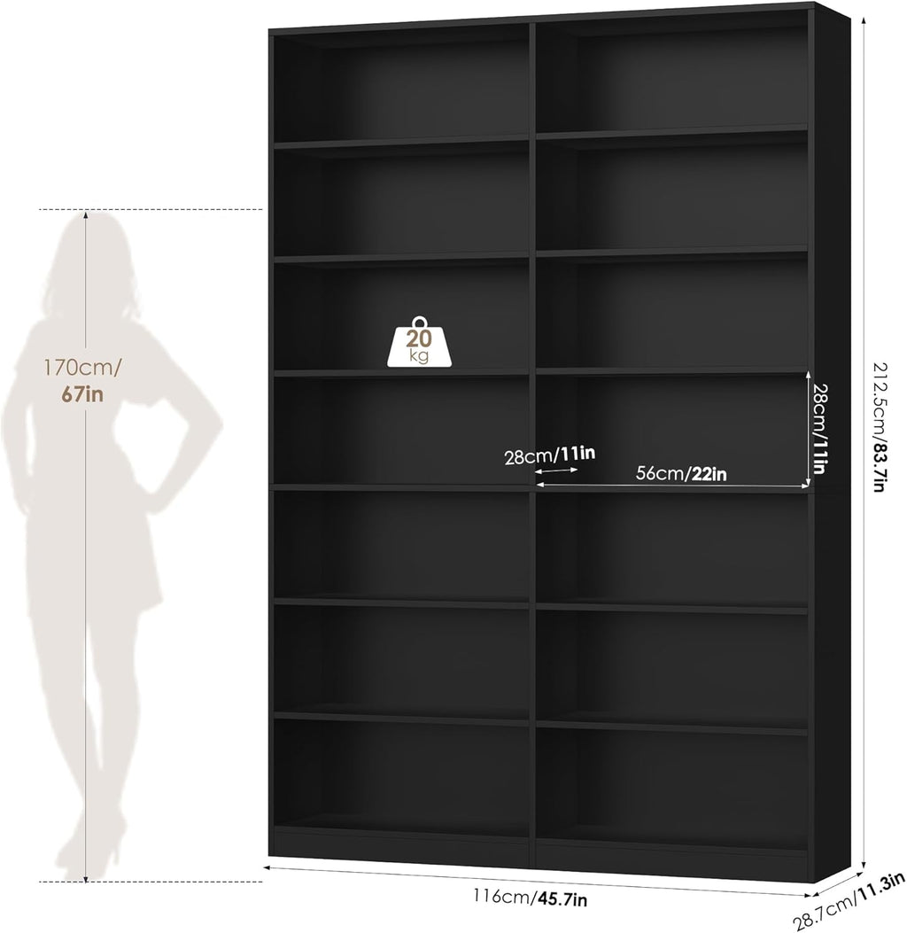 83.7" Tall Bookshelf and Bookcase,7-Tier Double Bookshelves Black | Modern Large Bookshelf with 14 Open Display Shelves, Tall Bookcase and Wide Book Shelves, for Home Office, Study, Living Room