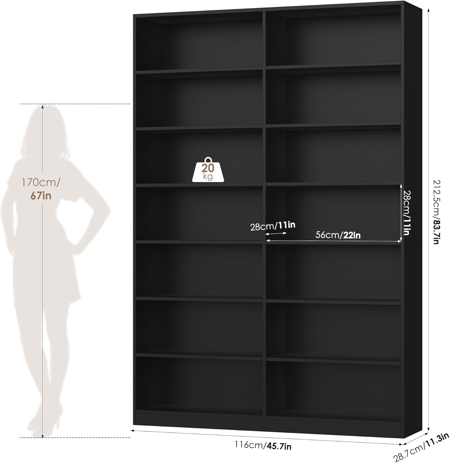 83.7" Tall Bookshelf and Bookcase,7-Tier Double Bookshelves Black | Modern Large Bookshelf with 14 Open Display Shelves, Tall Bookcase and Wide Book Shelves, for Home Office, Study, Living Room