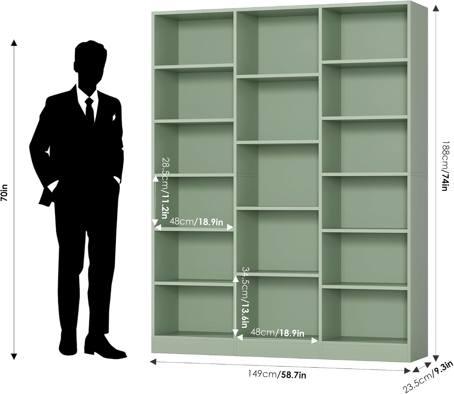 Triple Wide Bookshelf, Large Bookshelf with 17 Display Shelves | 74'' Tall Bookcases and Bookshelves, 58.7'' Extra Wide Book Shelves, 5/6 Tier Shelves for Living Room, Office, Library, Green