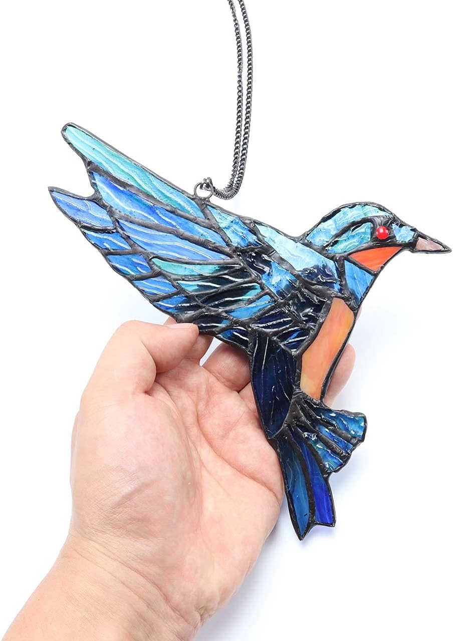 W10049 Hummingbird Tiffany Style Stained Glass Window Hangings Suncatcher with Chain and Suction Cup Hook (7" W X 8" H)