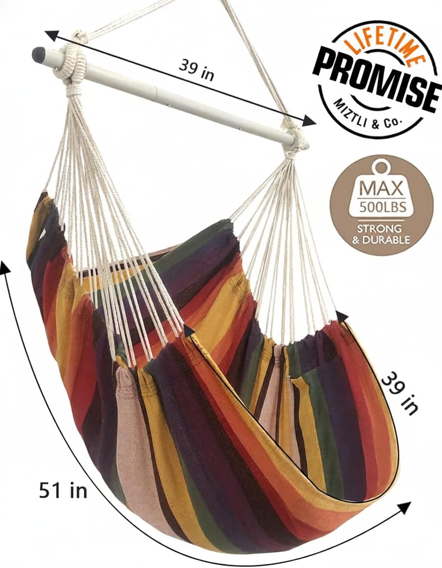 Hammock Chair Swing Indoor Outdoor 500 Lbs, Steel Bar & Anti-Slip | Heavy-Duty Steel Spreader Bar with Anti-Slip Rings, 51"L X 39"W, Includes Tree Strap & Carabiner
