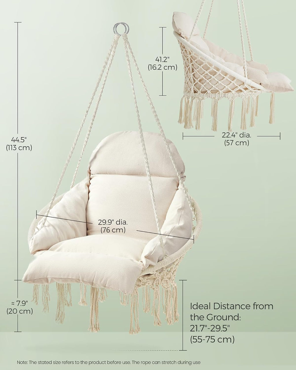 SONGMICS Hanging Chair, Hammock Chair with Large, Thick Cushion, Boho Swing Chair for Bedroom, Patio, Balcony, Garden, Holds up to 264 Lb, Accessories Included, Cream White UGDC042M01 | Hammock Chair with Large, Thick Cushion, Boho Swing Chair for Bedroom, Patio, Balcony, Cream White UGDC042M01