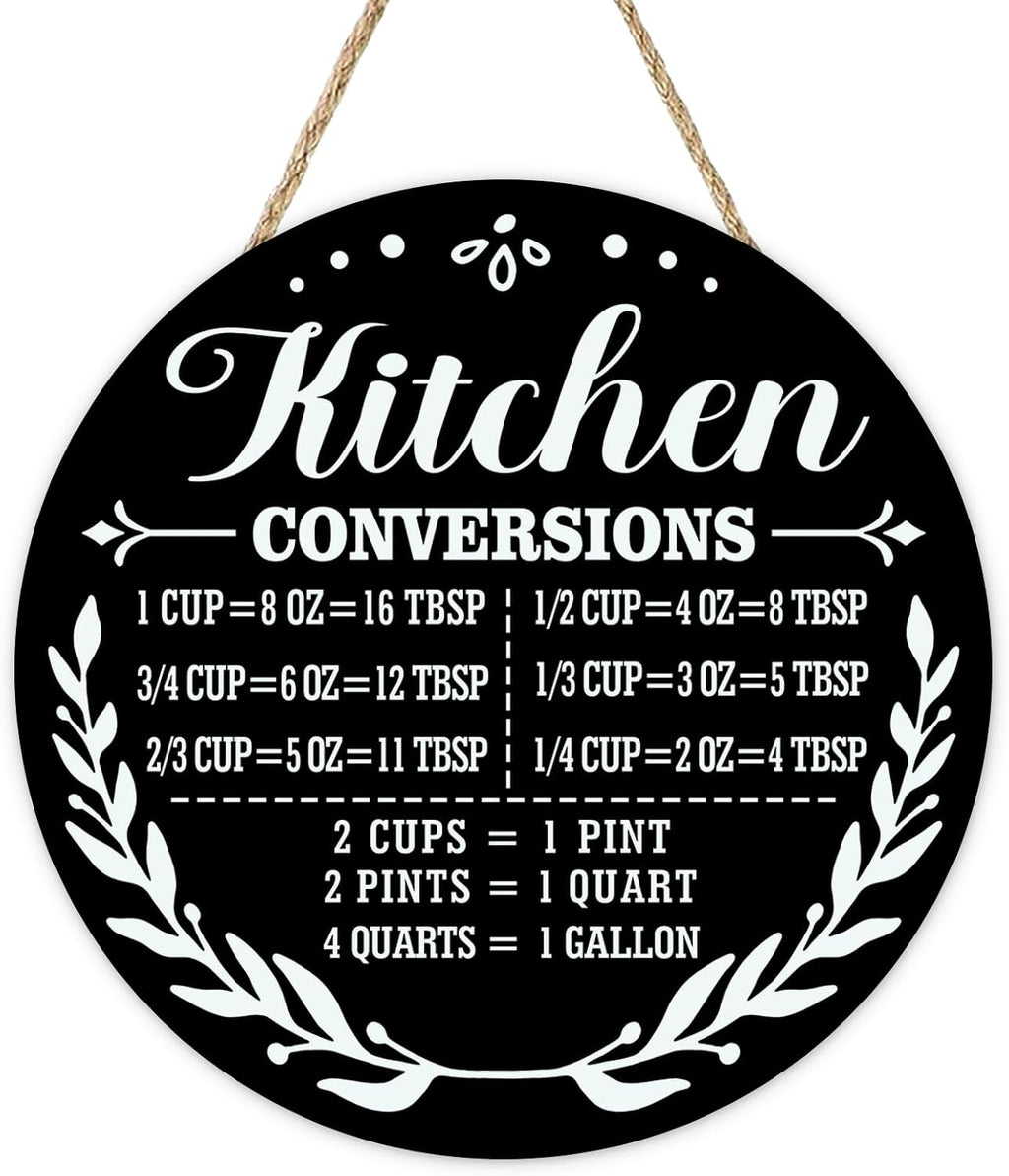 Kitchen Conversions Chart Front Door Sign, Ingredient Measurement | Reference Wooden Hanger Cooking Gadgets Baking Accessories, Black Wreath Wall Hanging Home Decor Gifts for Women