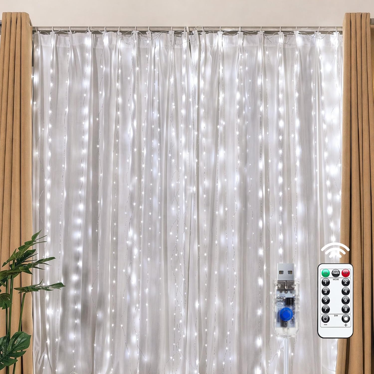 300 LED Fairy Curtain Lights, 9.8Ft X 9.8Ft String Lights | USB Plug in 8 Lighting Modes Christmas String Hanging Lights with Remote for Bedroom Indoor Outdoor Party Xmas Warm White