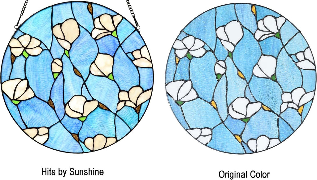 W10063 Magnolia Flower Tiffany Style Stained Glass Window Panel with Chain, round Shape, 16-Inch Wide