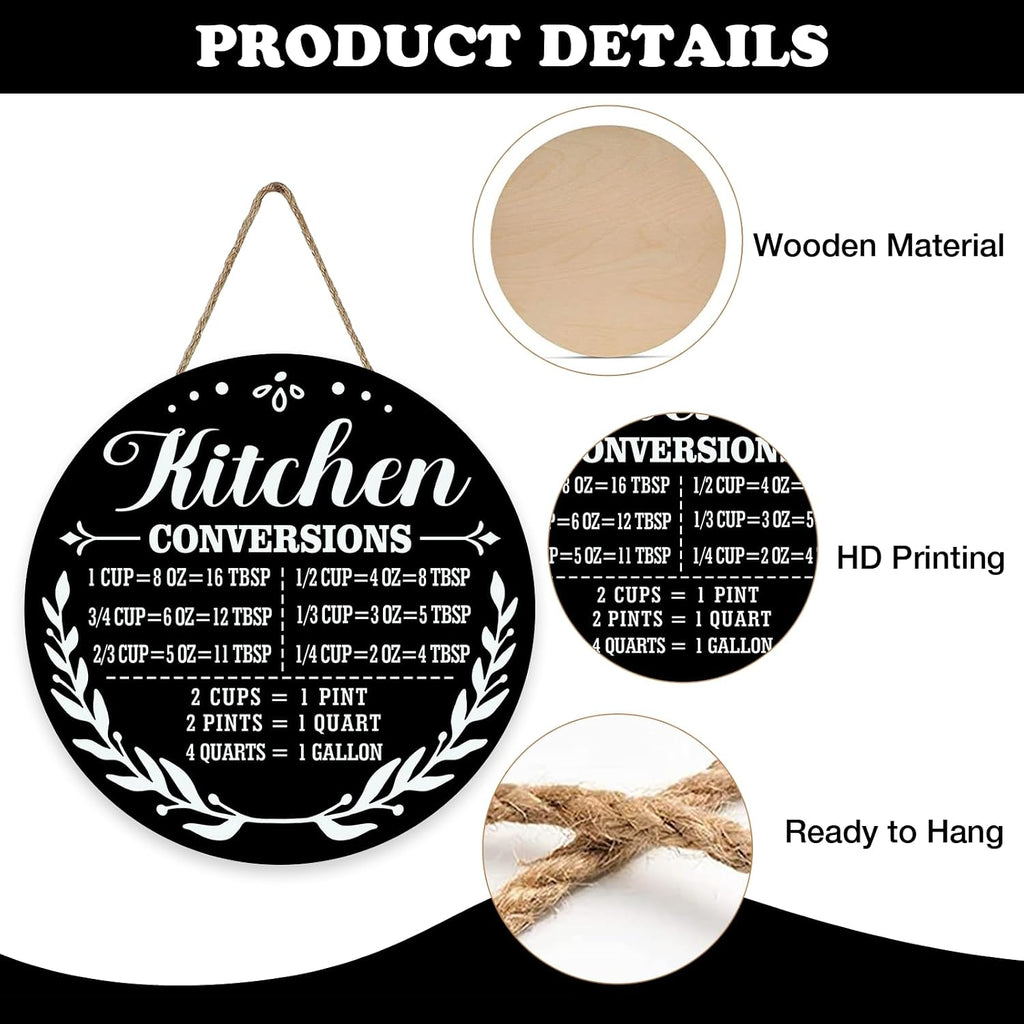 Kitchen Conversions Chart Front Door Sign, Ingredient Measurement | Reference Wooden Hanger Cooking Gadgets Baking Accessories, Black Wreath Wall Hanging Home Decor Gifts for Women