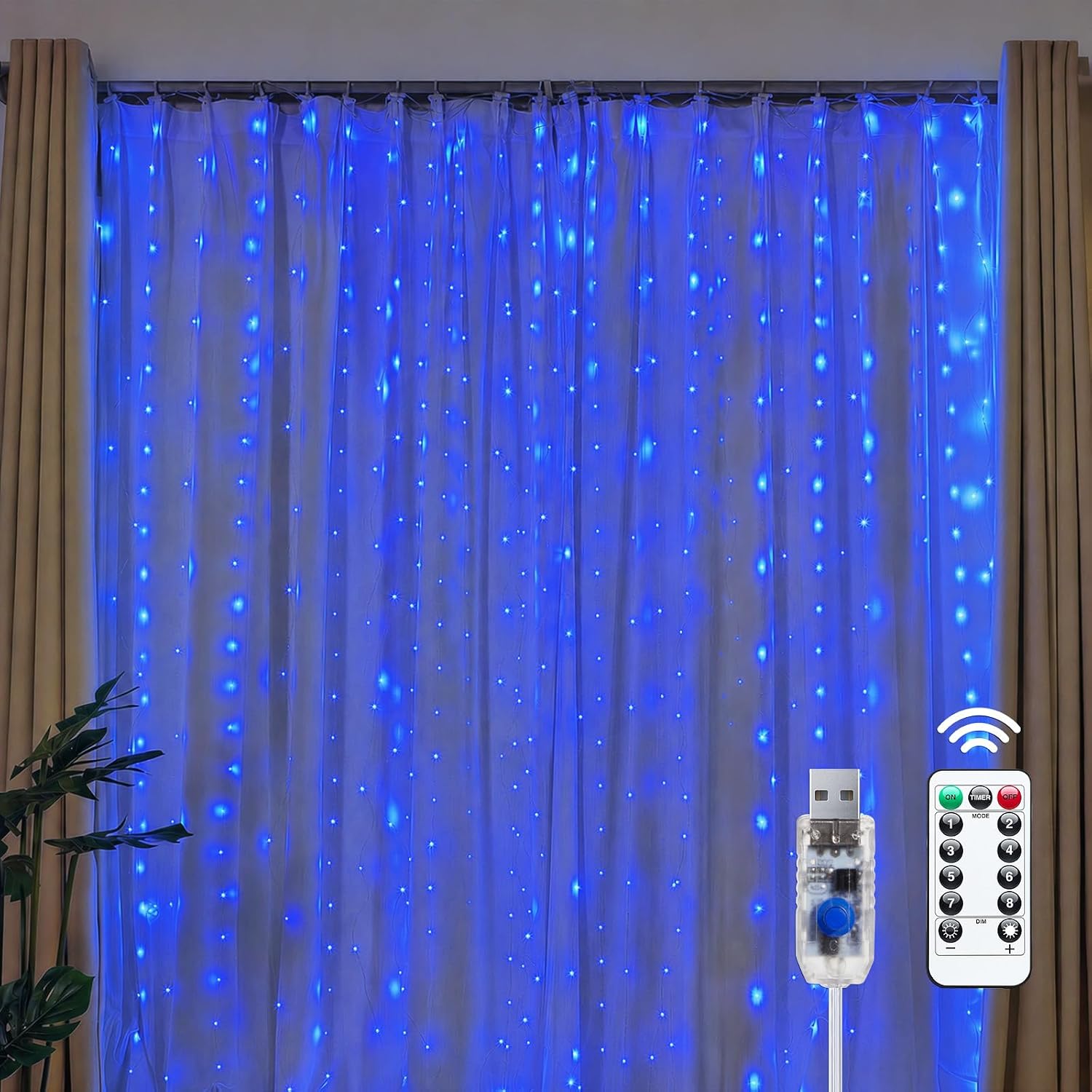 300 LED Fairy Curtain Lights, 9.8Ft X 9.8Ft String Lights | USB Plug in 8 Lighting Modes Christmas String Hanging Lights with Remote for Bedroom Indoor Outdoor Party Xmas Warm White