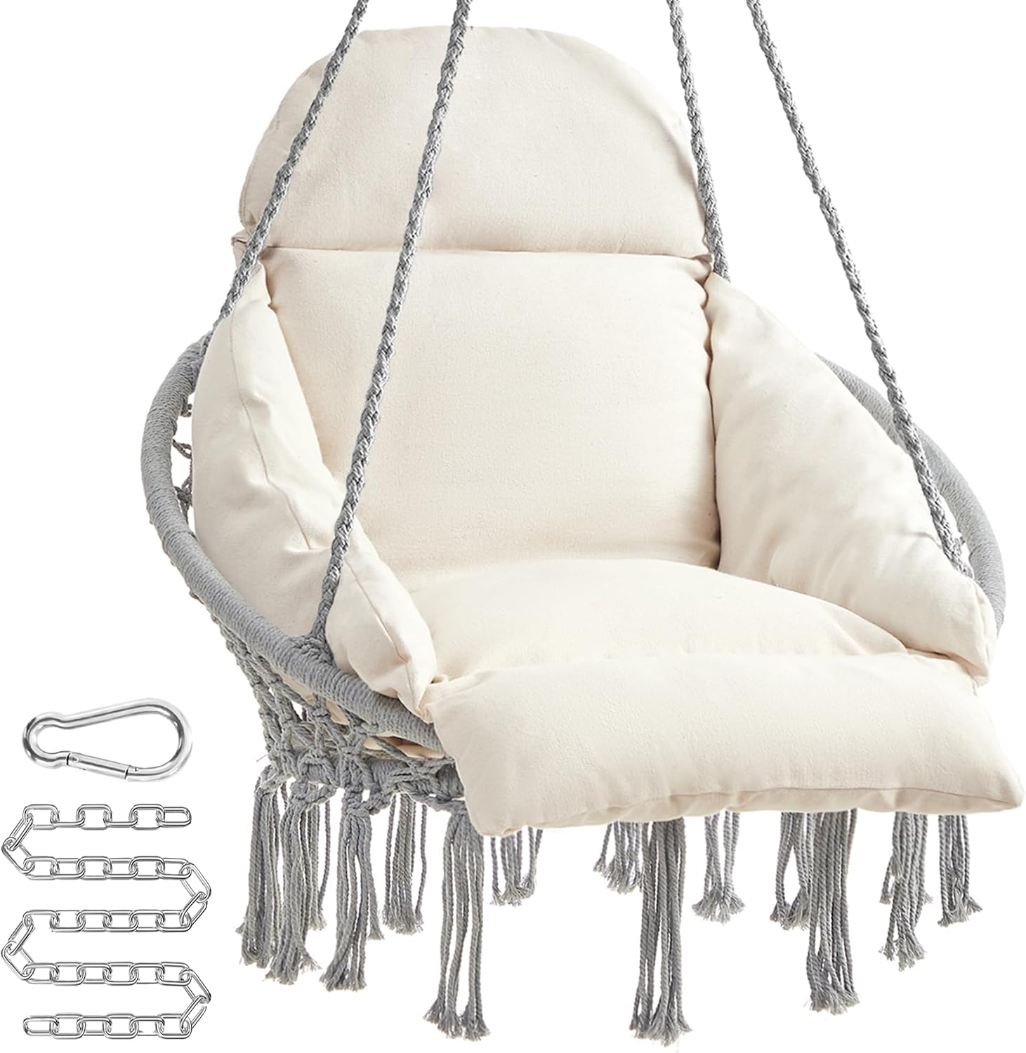 SONGMICS Hanging Chair, Hammock Chair with Large, Thick Cushion, Boho Swing Chair for Bedroom, Patio, Balcony, Garden, Holds up to 264 Lb, Accessories Included, Cream White UGDC042M01 | Hammock Chair with Large, Thick Cushion, Boho Swing Chair for Bedroom, Patio, Balcony, Cream White UGDC042M01
