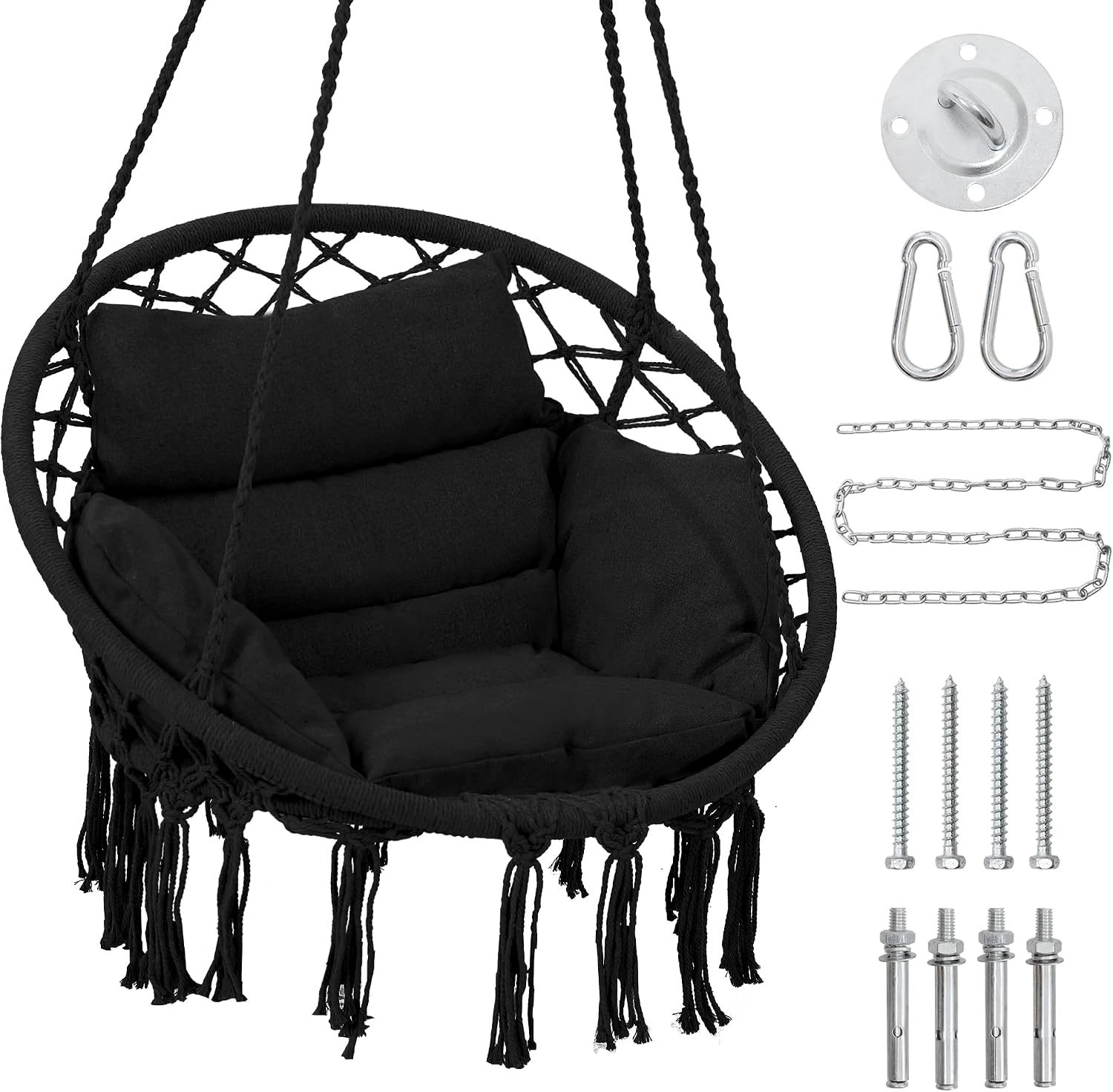 Macrame Swing Chair, Hanging Chair for Bedroom, Thick Cushion | No Assembly, 100% Cotton Rope, Overstuffed Cushion, Rustproof Frame, Handwoven Macrame, Boho Swing for Bedroom, Porch, Beige