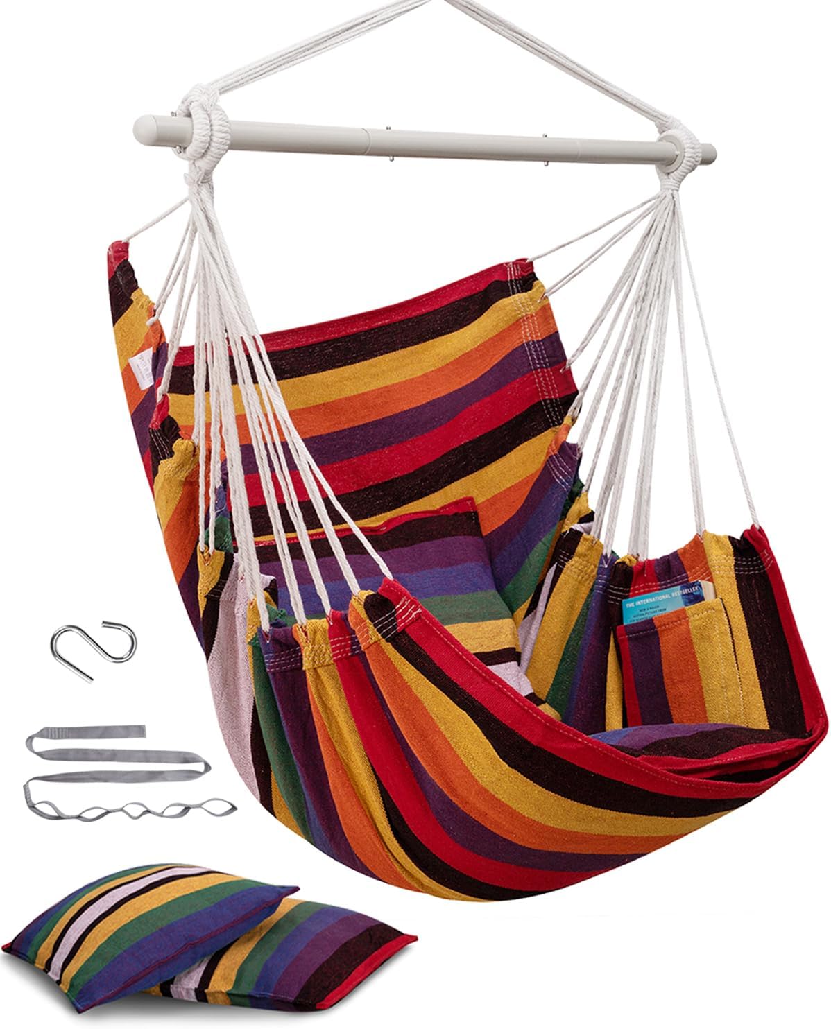 Hammock Chair Swing Indoor Outdoor 500 Lbs, Steel Bar & Anti-Slip | Heavy-Duty Steel Spreader Bar with Anti-Slip Rings, 51"L X 39"W, Includes Tree Strap & Carabiner
