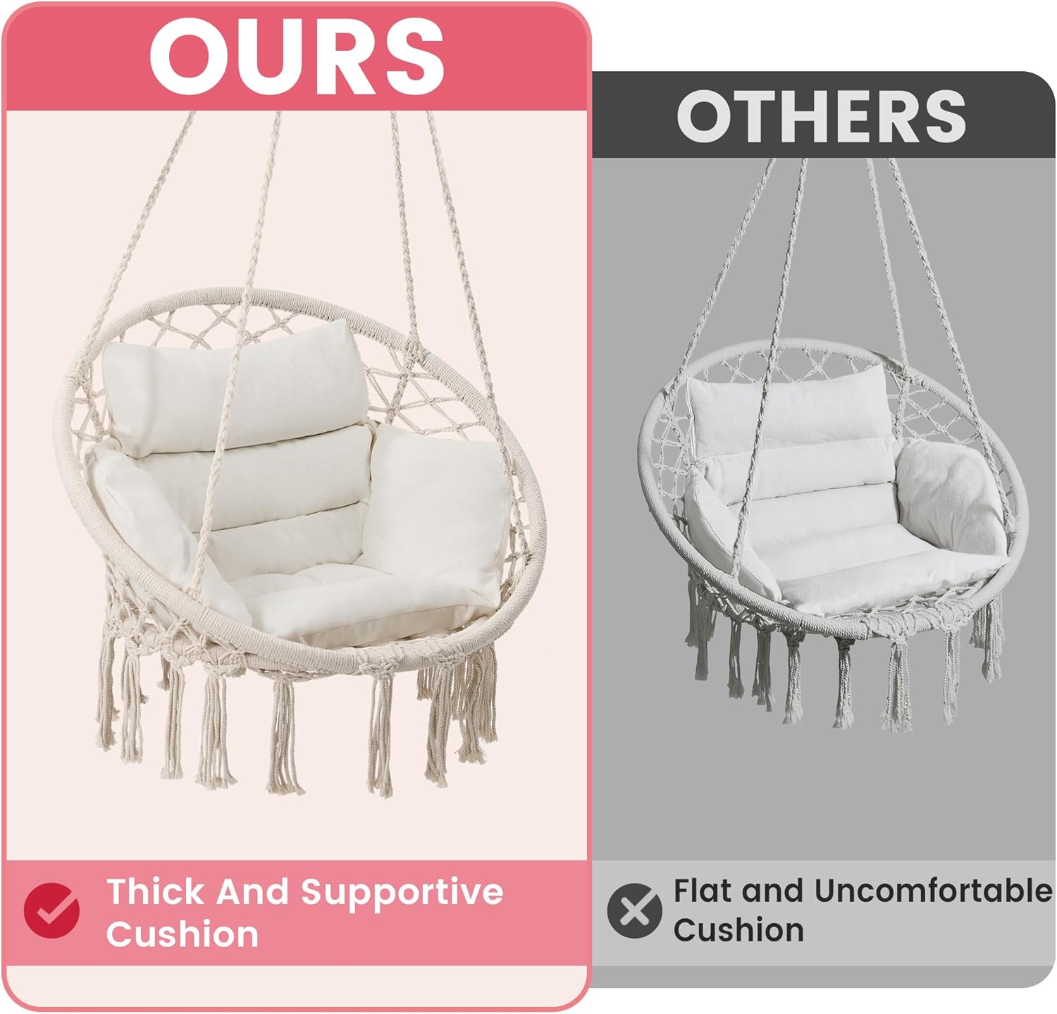 Macrame Swing Chair, Hanging Chair for Bedroom, Thick Cushion | No Assembly, 100% Cotton Rope, Overstuffed Cushion, Rustproof Frame, Handwoven Macrame, Boho Swing for Bedroom, Porch, Beige