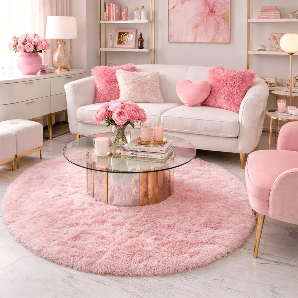 Pink Circle round Fluffy Area Rug 4Ft for Girls Bedroom Kids Room | Fuzzy Shag Plush Furry Carpet, Nursery Classroom Dorm Office Playroom Decor, Cute Princess Aesthetic, Baby Toddler Corner