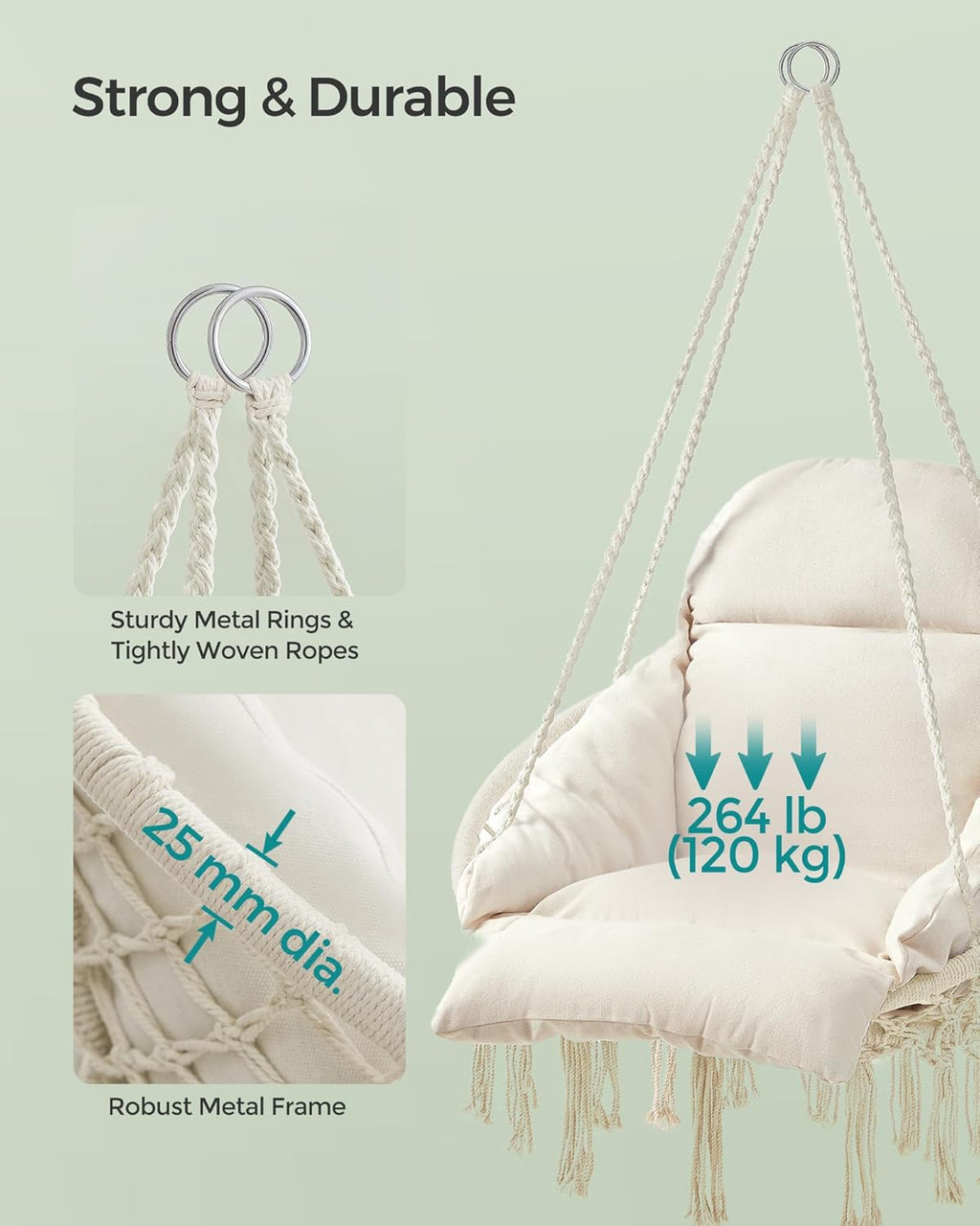 SONGMICS Hanging Chair, Hammock Chair with Large, Thick Cushion, Boho Swing Chair for Bedroom, Patio, Balcony, Garden, Holds up to 264 Lb, Accessories Included, Cream White UGDC042M01 | Hammock Chair with Large, Thick Cushion, Boho Swing Chair for Bedroom, Patio, Balcony, Cream White UGDC042M01