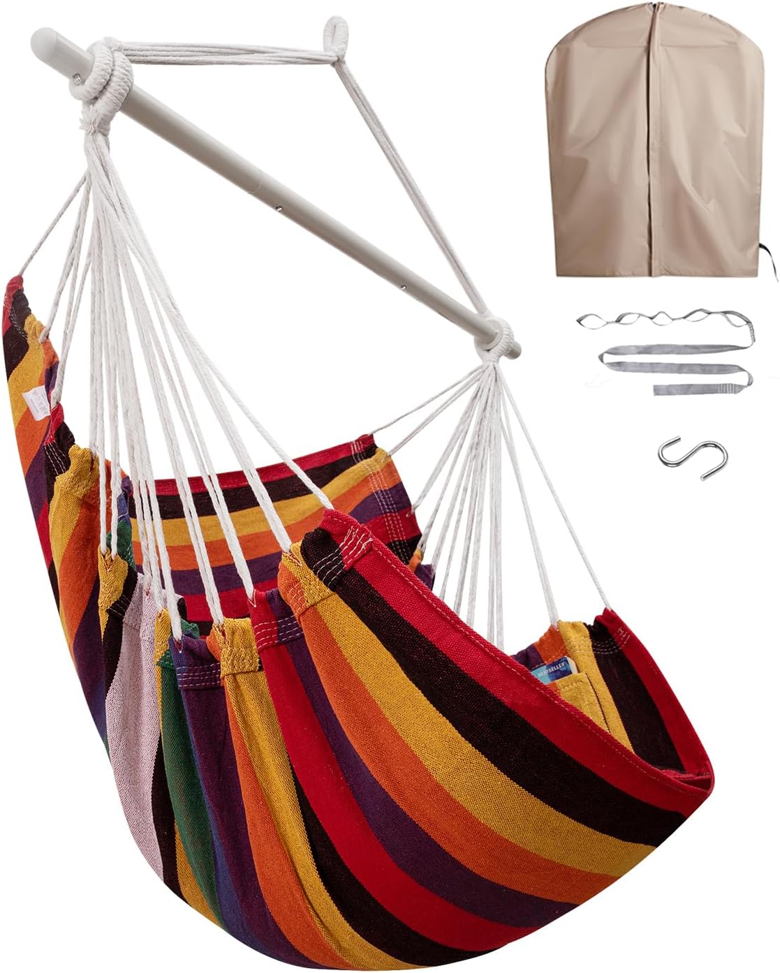 Hammock Chair Swing Indoor Outdoor 500 Lbs, Steel Bar & Anti-Slip | Heavy-Duty Steel Spreader Bar with Anti-Slip Rings, 51"L X 39"W, Includes Tree Strap & Carabiner