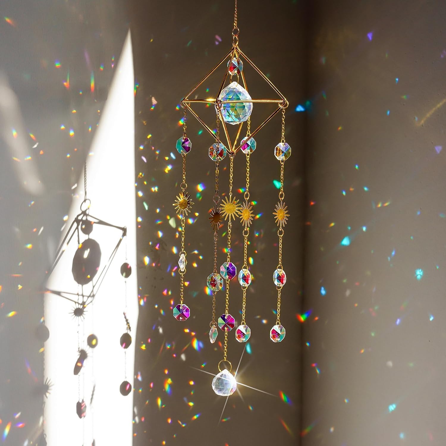 2 Pack Crystal Suncatchers for Window Hanging Rainbow Makers,17Inch | Crystal Prisms Sun Catcher Indoor Window,Retirement Gift,Light Catcher,Whimsical Decor,Witchy Home Decor,Cottagecore Decor