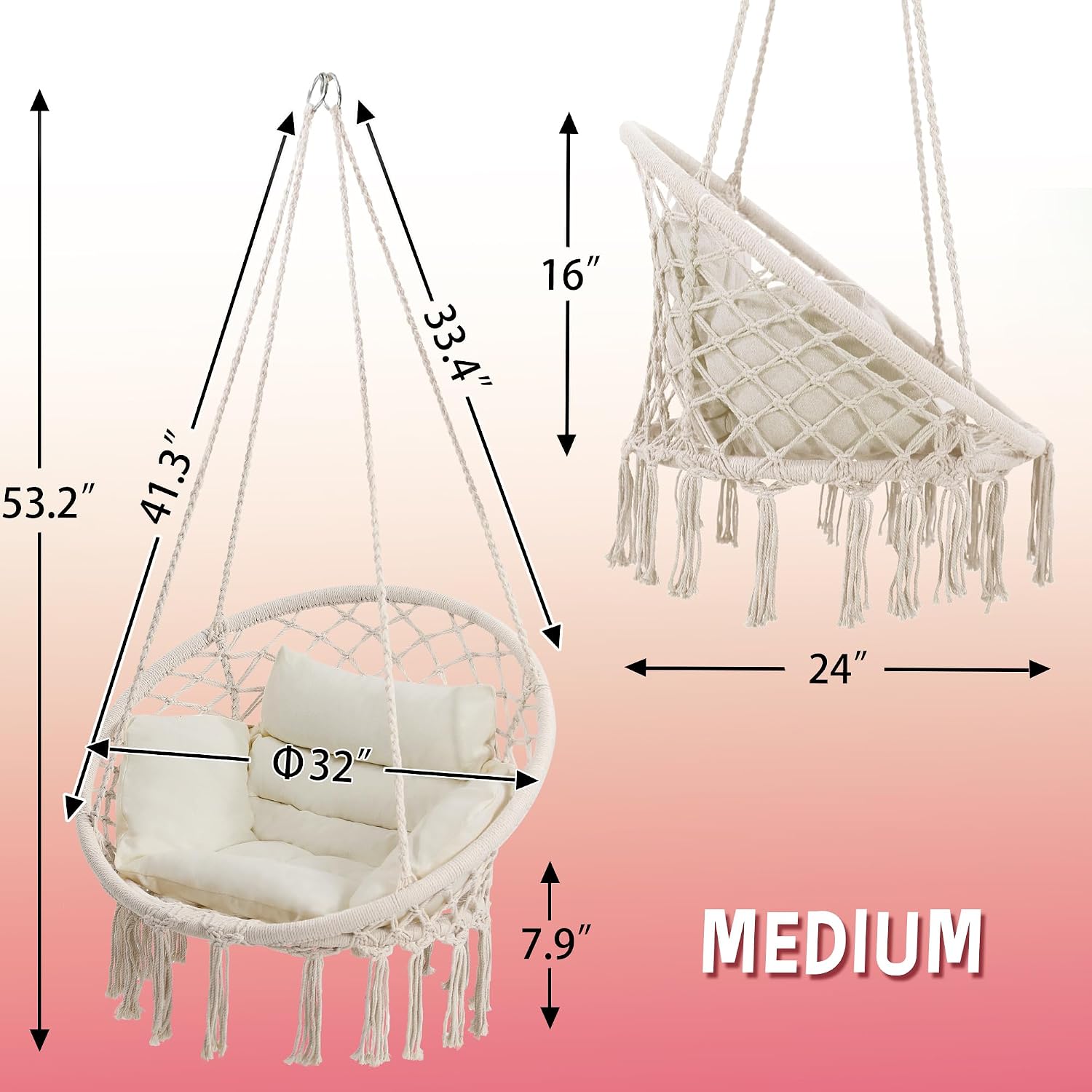 Macrame Swing Chair, Hanging Chair for Bedroom, Thick Cushion | No Assembly, 100% Cotton Rope, Overstuffed Cushion, Rustproof Frame, Handwoven Macrame, Boho Swing for Bedroom, Porch, Beige