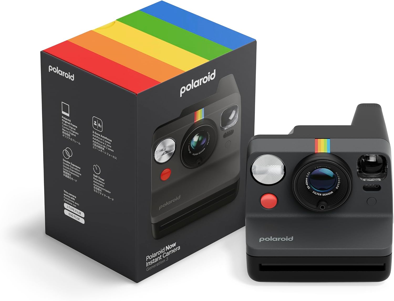 Now 3Rd Generation I-Type Instant Camera + Film Bundle - Now Black Camera + 16 Color Photos (6560)