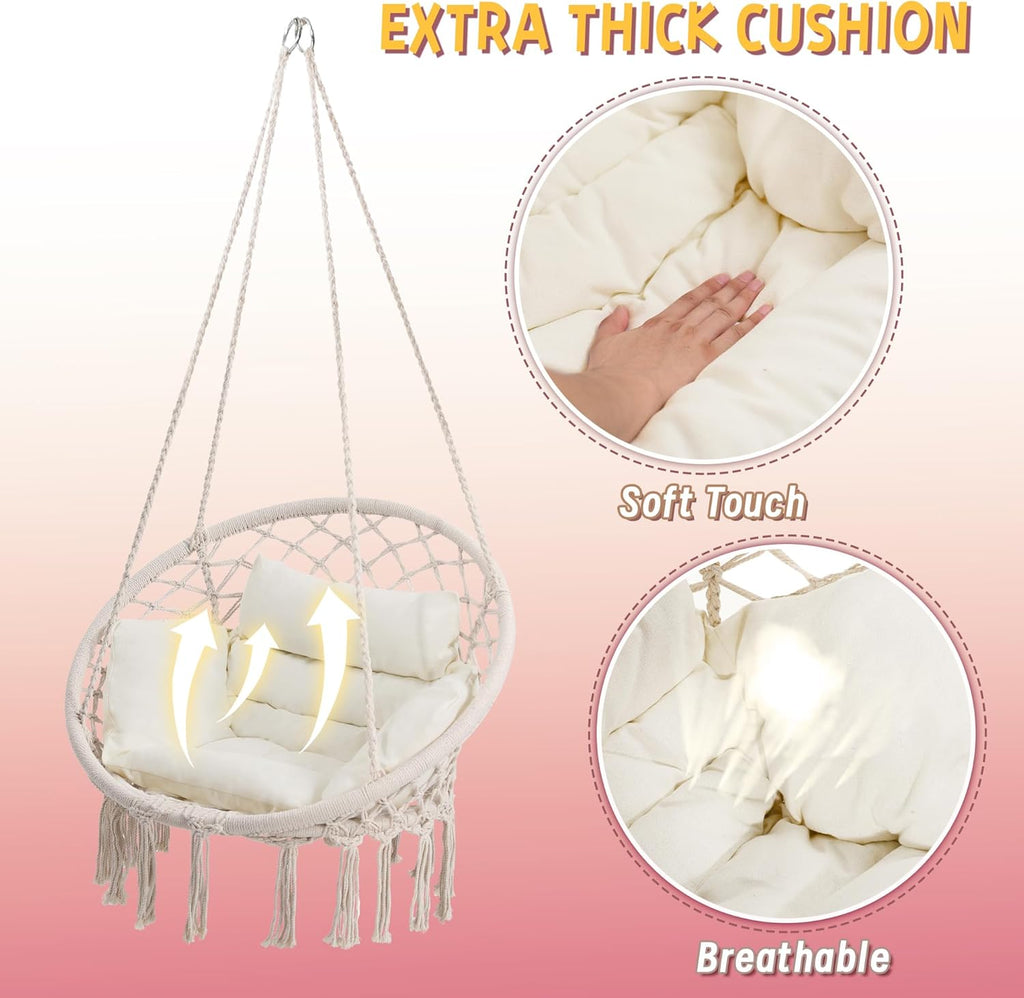 Macrame Swing Chair, Hanging Chair for Bedroom, Thick Cushion | No Assembly, 100% Cotton Rope, Overstuffed Cushion, Rustproof Frame, Handwoven Macrame, Boho Swing for Bedroom, Porch, Beige