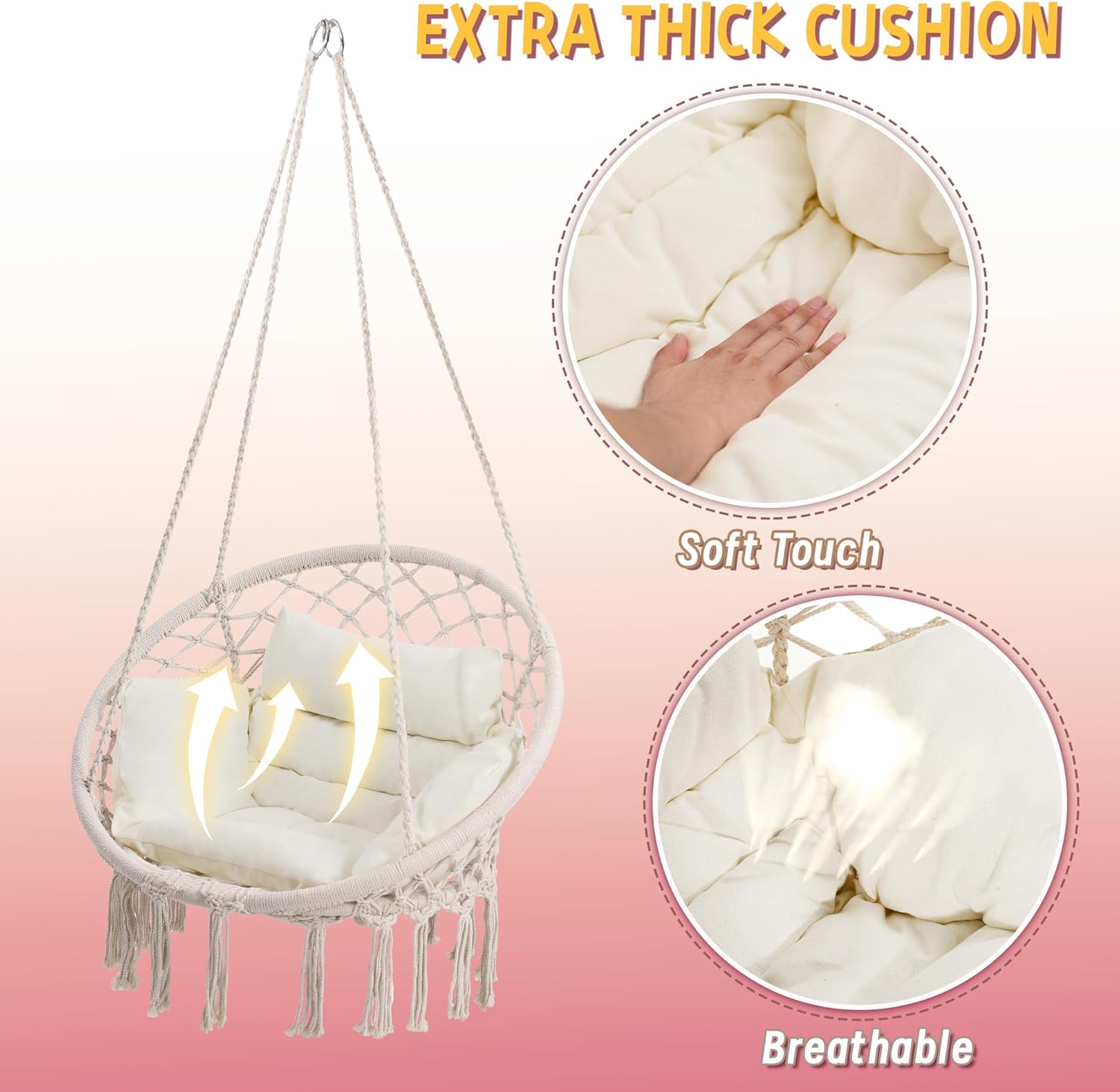 Macrame Swing Chair, Hanging Chair for Bedroom, Thick Cushion | No Assembly, 100% Cotton Rope, Overstuffed Cushion, Rustproof Frame, Handwoven Macrame, Boho Swing for Bedroom, Porch, Beige