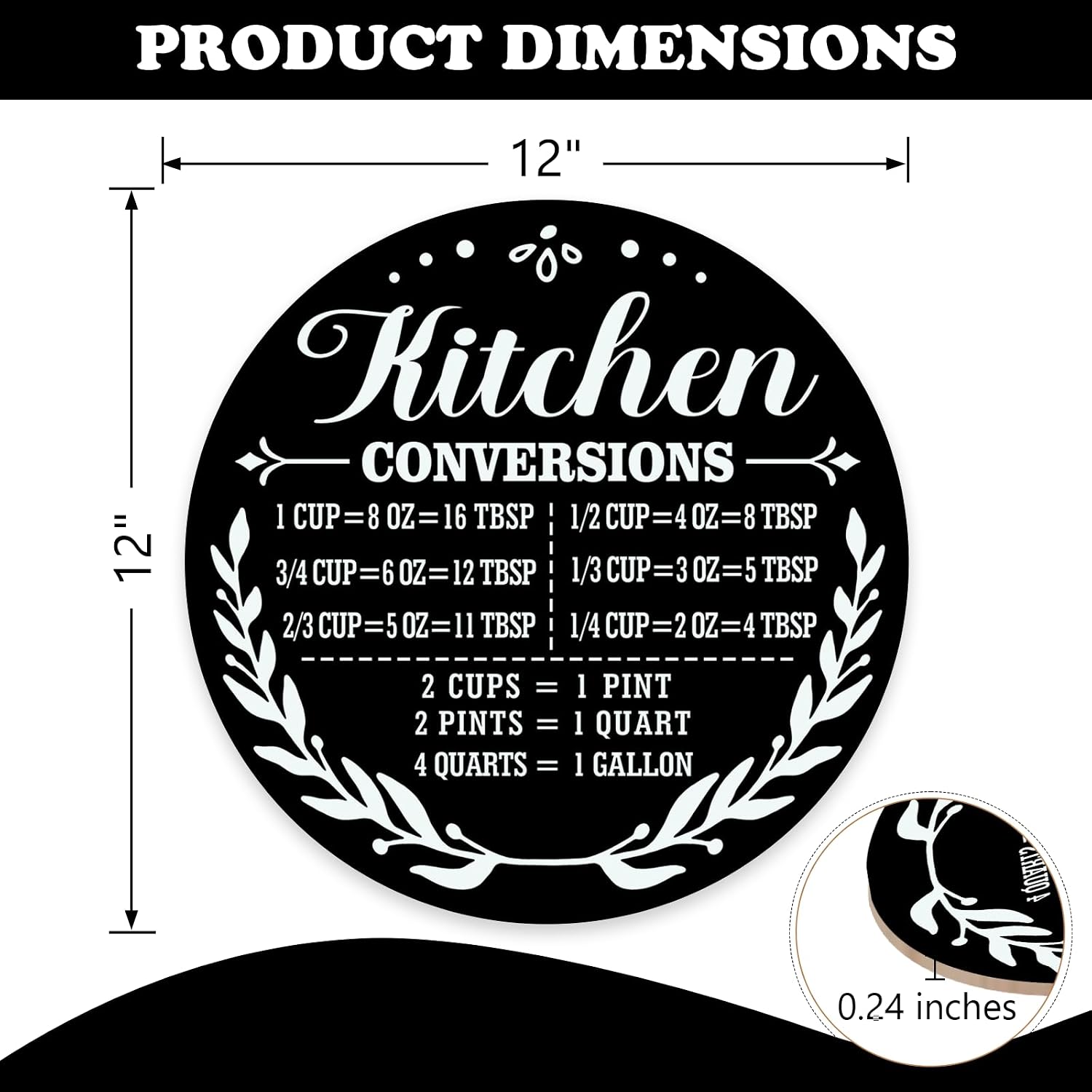 Kitchen Conversions Chart Front Door Sign, Ingredient Measurement | Reference Wooden Hanger Cooking Gadgets Baking Accessories, Black Wreath Wall Hanging Home Decor Gifts for Women
