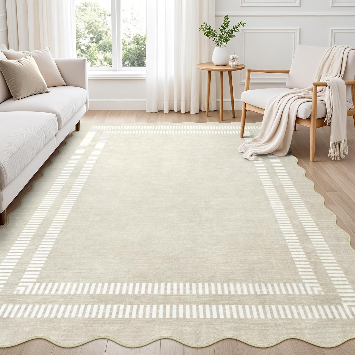 Pink Rugs for Bedroom Girls, 5X7 Washable Non Slip Area Rugs for Living Room, Soft Vintage Ultra-Thin Scalloped Carpet for Nursery Dorm Home Decor