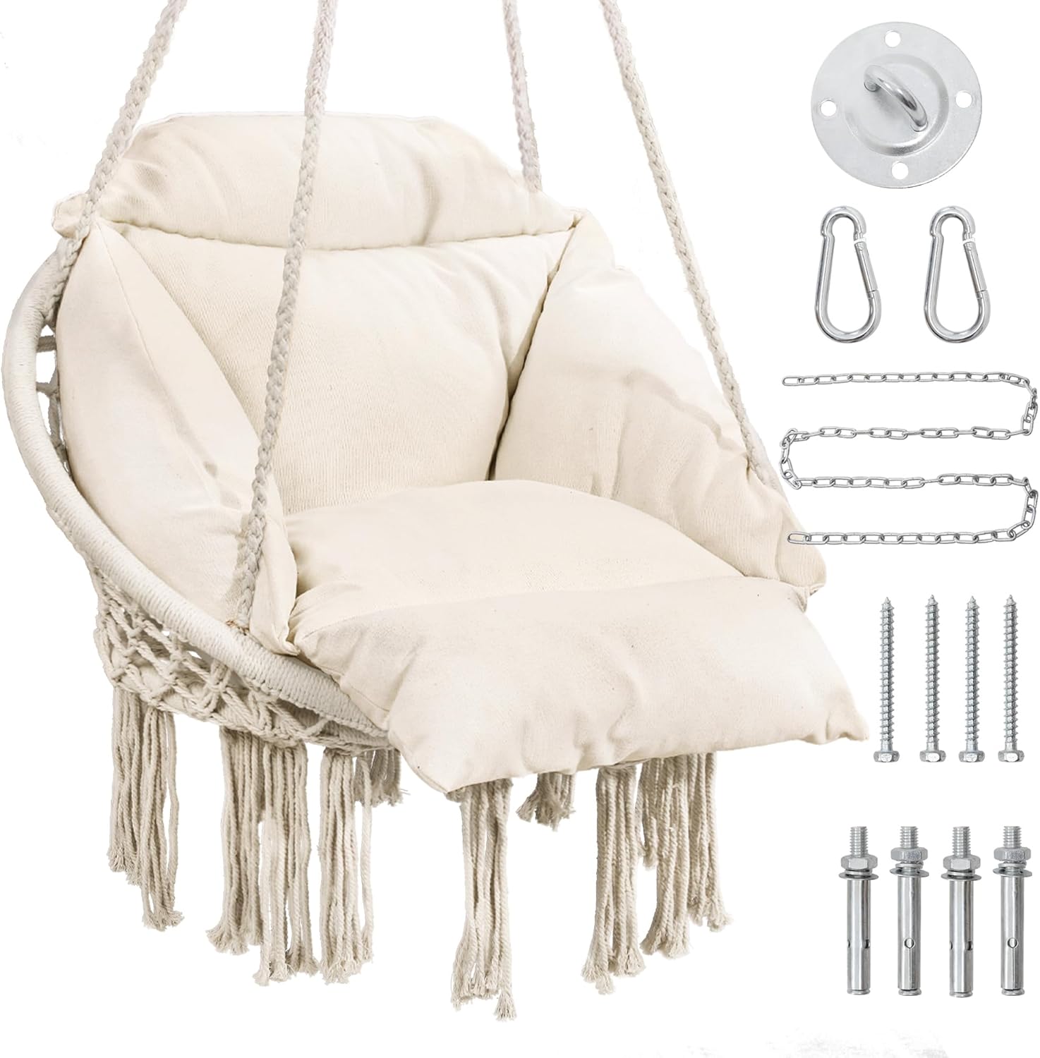Macrame Swing Chair, Hanging Chair for Bedroom, Thick Cushion | No Assembly, 100% Cotton Rope, Overstuffed Cushion, Rustproof Frame, Handwoven Macrame, Boho Swing for Bedroom, Porch, Beige