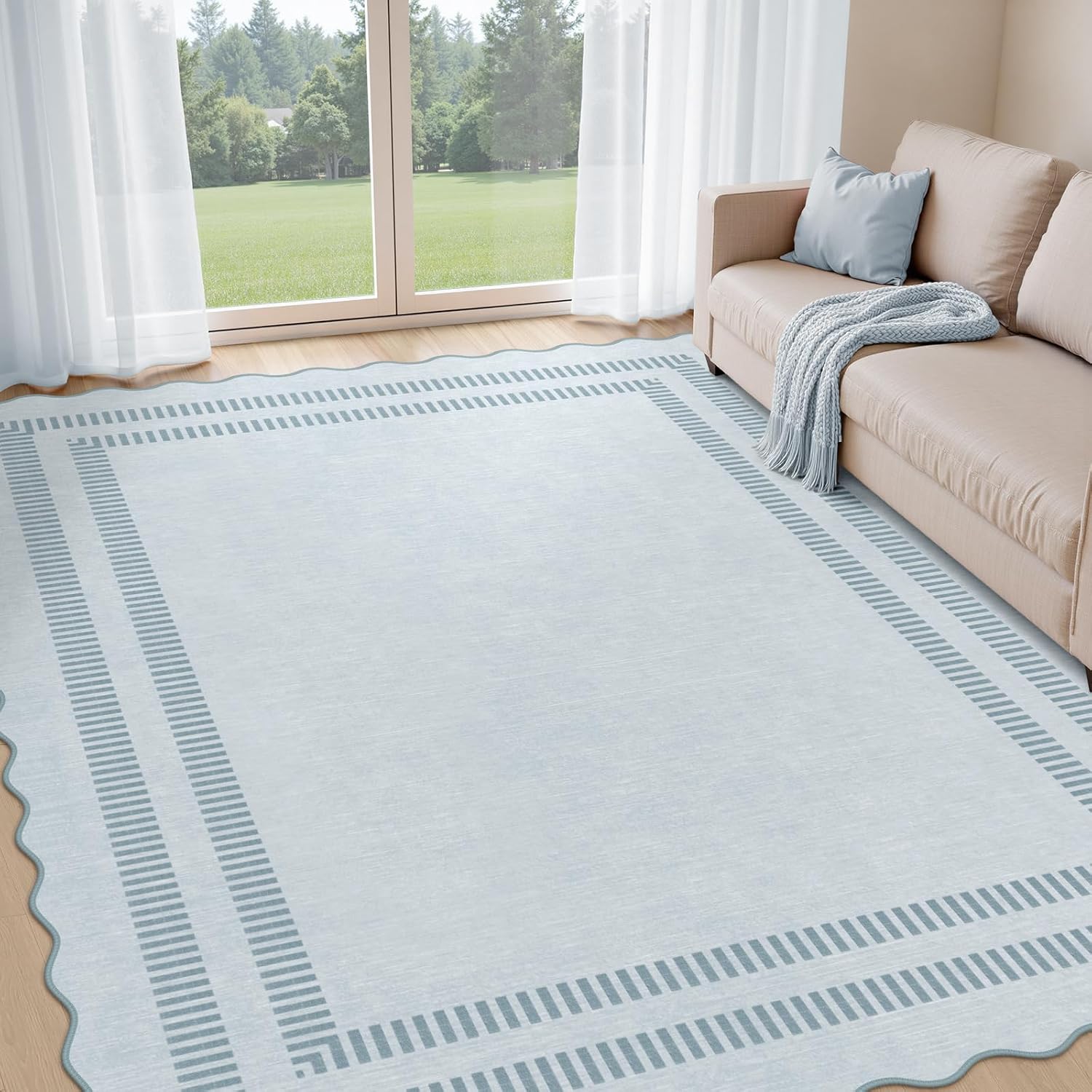 Pink Rugs for Bedroom Girls, 5X7 Washable Non Slip Area Rugs for Living Room, Soft Vintage Ultra-Thin Scalloped Carpet for Nursery Dorm Home Decor
