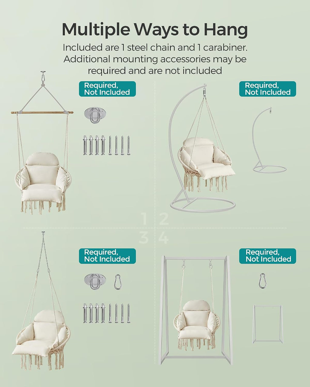 SONGMICS Hanging Chair, Hammock Chair with Large, Thick Cushion, Boho Swing Chair for Bedroom, Patio, Balcony, Garden, Holds up to 264 Lb, Accessories Included, Cream White UGDC042M01 | Hammock Chair with Large, Thick Cushion, Boho Swing Chair for Bedroom, Patio, Balcony, Cream White UGDC042M01