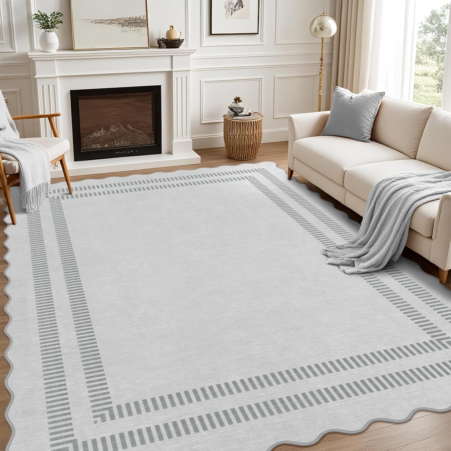 Pink Rugs for Bedroom Girls, 5X7 Washable Non Slip Area Rugs for Living Room, Soft Vintage Ultra-Thin Scalloped Carpet for Nursery Dorm Home Decor