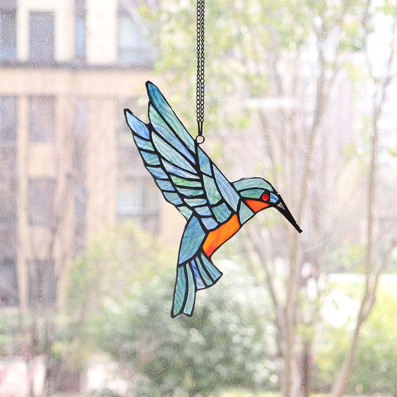 W10049 Hummingbird Tiffany Style Stained Glass Window Hangings Suncatcher with Chain and Suction Cup Hook (7" W X 8" H)
