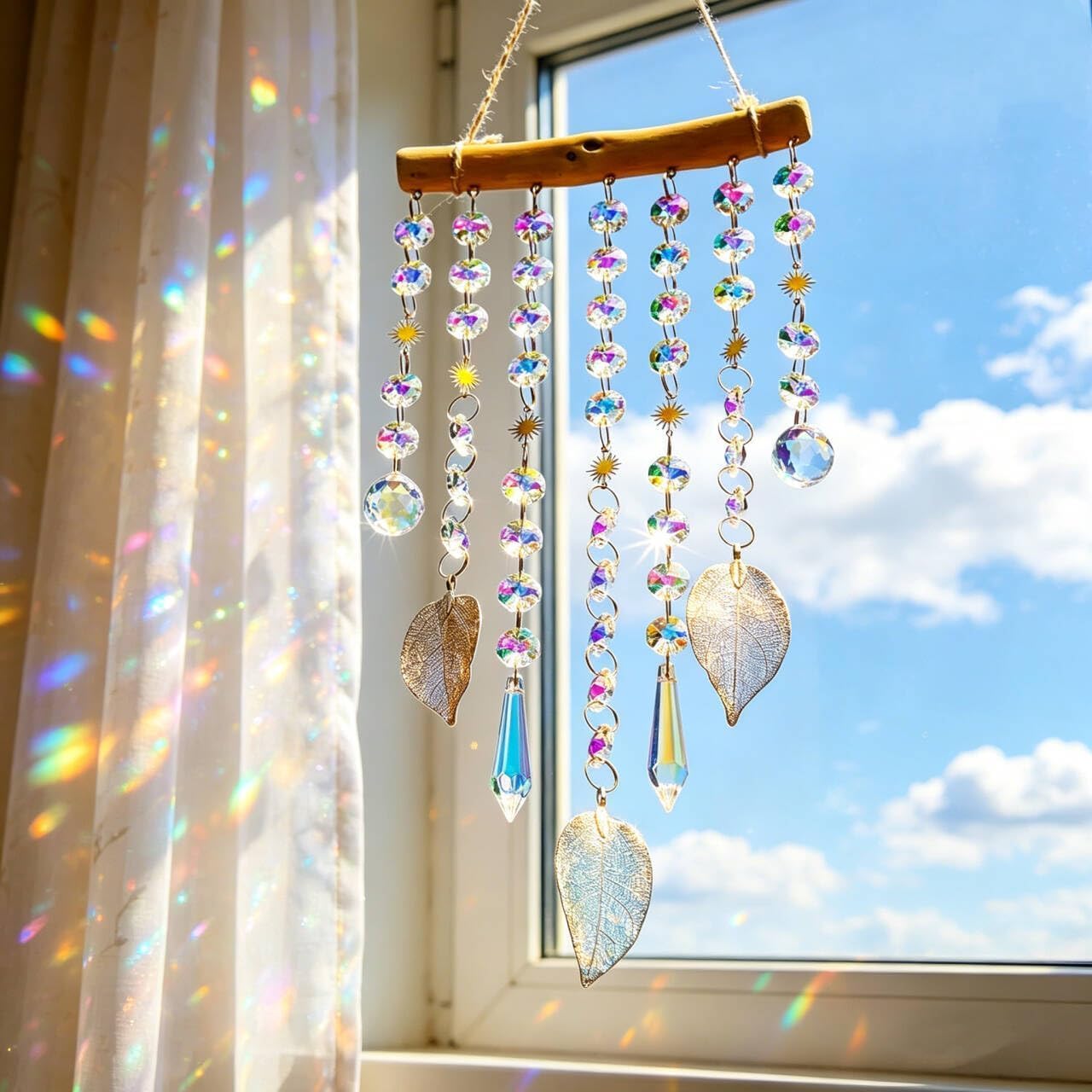 13Inch Crystal Leaf Suncatcher for Window Hanging Rainbow Maker Sun Catcher | Glass Wind Chimes Styles Crystal Prisms Sun Catcher 