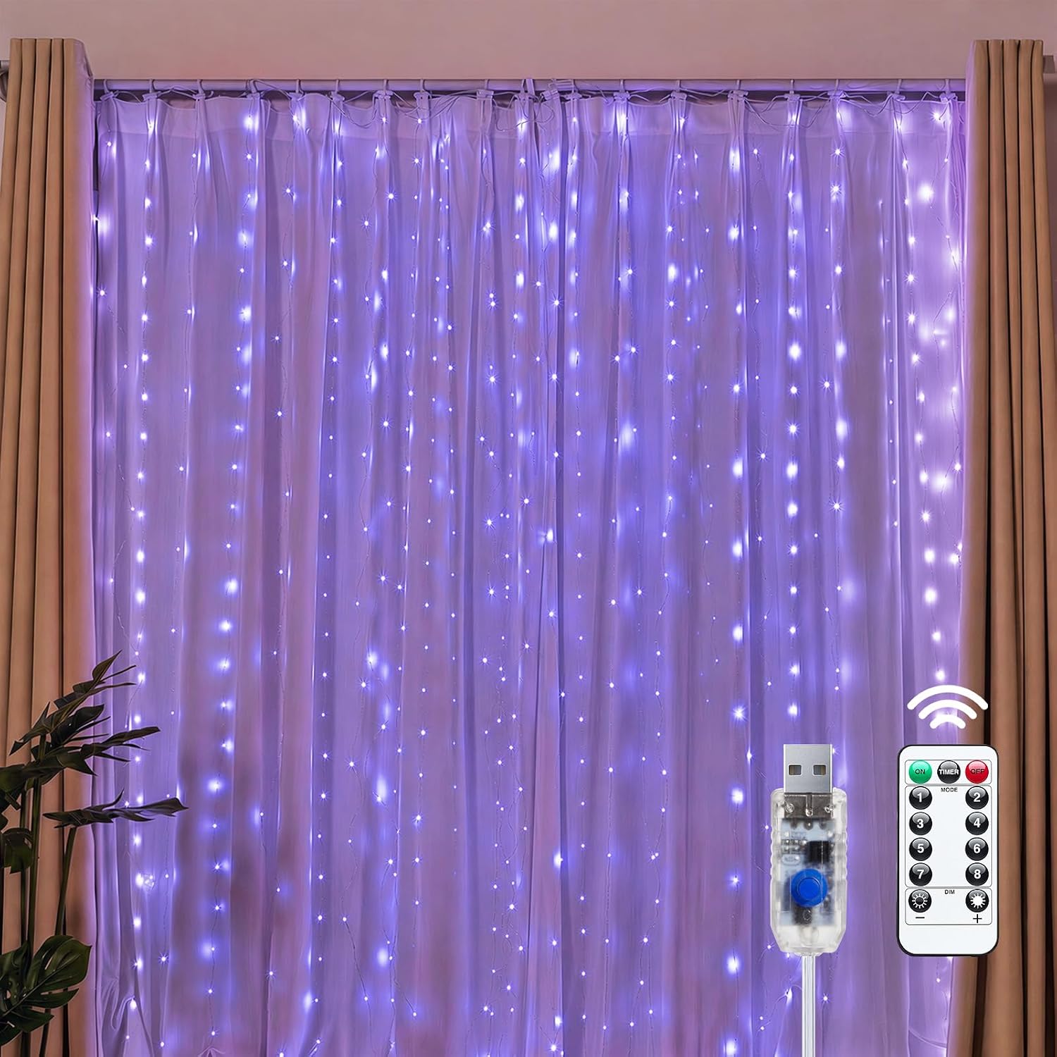 300 LED Fairy Curtain Lights, 9.8Ft X 9.8Ft String Lights | USB Plug in 8 Lighting Modes Christmas String Hanging Lights with Remote for Bedroom Indoor Outdoor Party Xmas Warm White