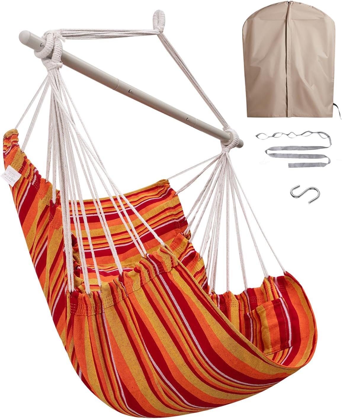 Hammock Chair Swing Indoor Outdoor 500 Lbs, Steel Bar & Anti-Slip | Heavy-Duty Steel Spreader Bar with Anti-Slip Rings, 51"L X 39"W, Includes Tree Strap & Carabiner