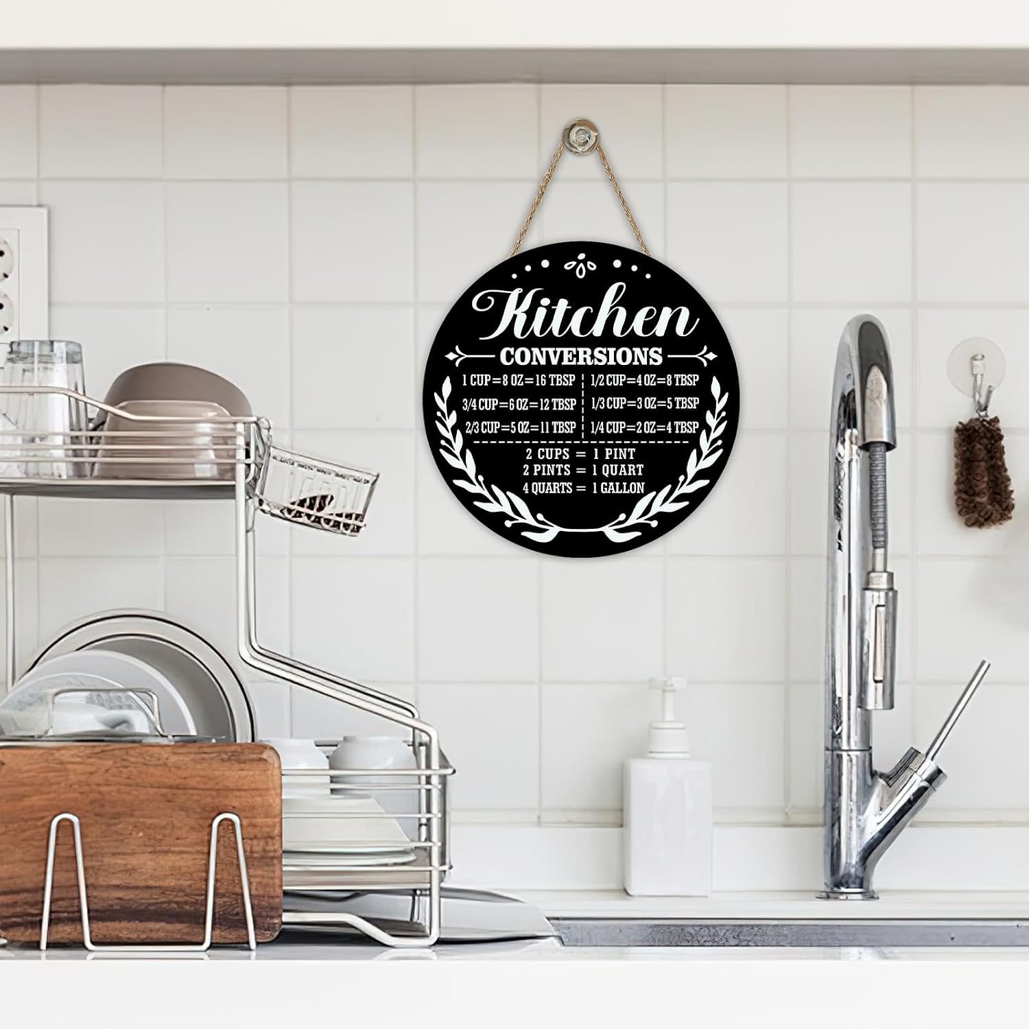 Kitchen Conversions Chart Front Door Sign, Ingredient Measurement | Reference Wooden Hanger Cooking Gadgets Baking Accessories, Black Wreath Wall Hanging Home Decor Gifts for Women