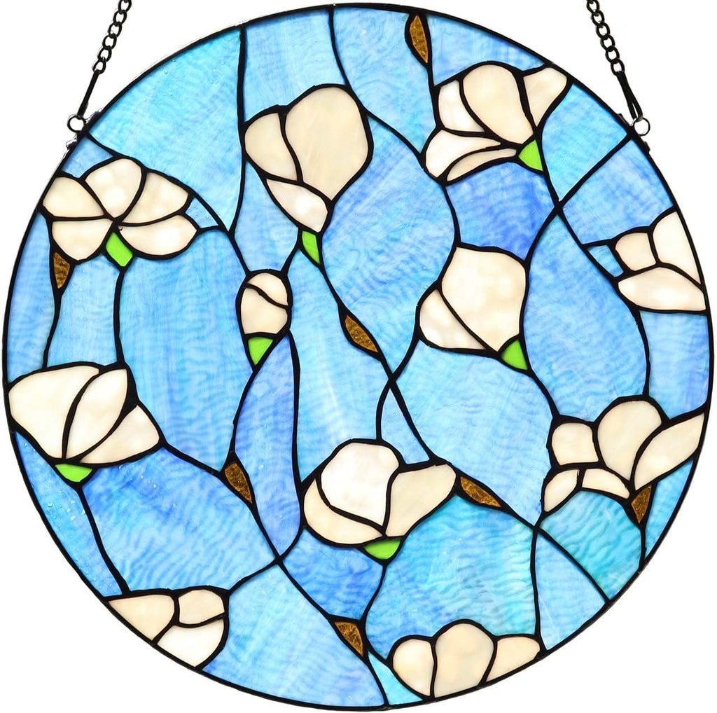 W10063 Magnolia Flower Tiffany Style Stained Glass Window Panel with Chain, round Shape, 16-Inch Wide