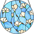 W10063 Magnolia Flower Tiffany Style Stained Glass Window Panel with Chain, round Shape, 16-Inch Wide