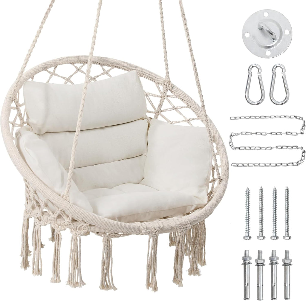 Macrame Swing Chair, Hanging Chair for Bedroom, Thick Cushion | No Assembly, 100% Cotton Rope, Overstuffed Cushion, Rustproof Frame, Handwoven Macrame, Boho Swing for Bedroom, Porch, Beige