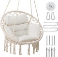 Macrame Swing Chair, Hanging Chair for Bedroom, Thick Cushion | No Assembly, 100% Cotton Rope, Overstuffed Cushion, Rustproof Frame, Handwoven Macrame, Boho Swing for Bedroom, Porch, Beige