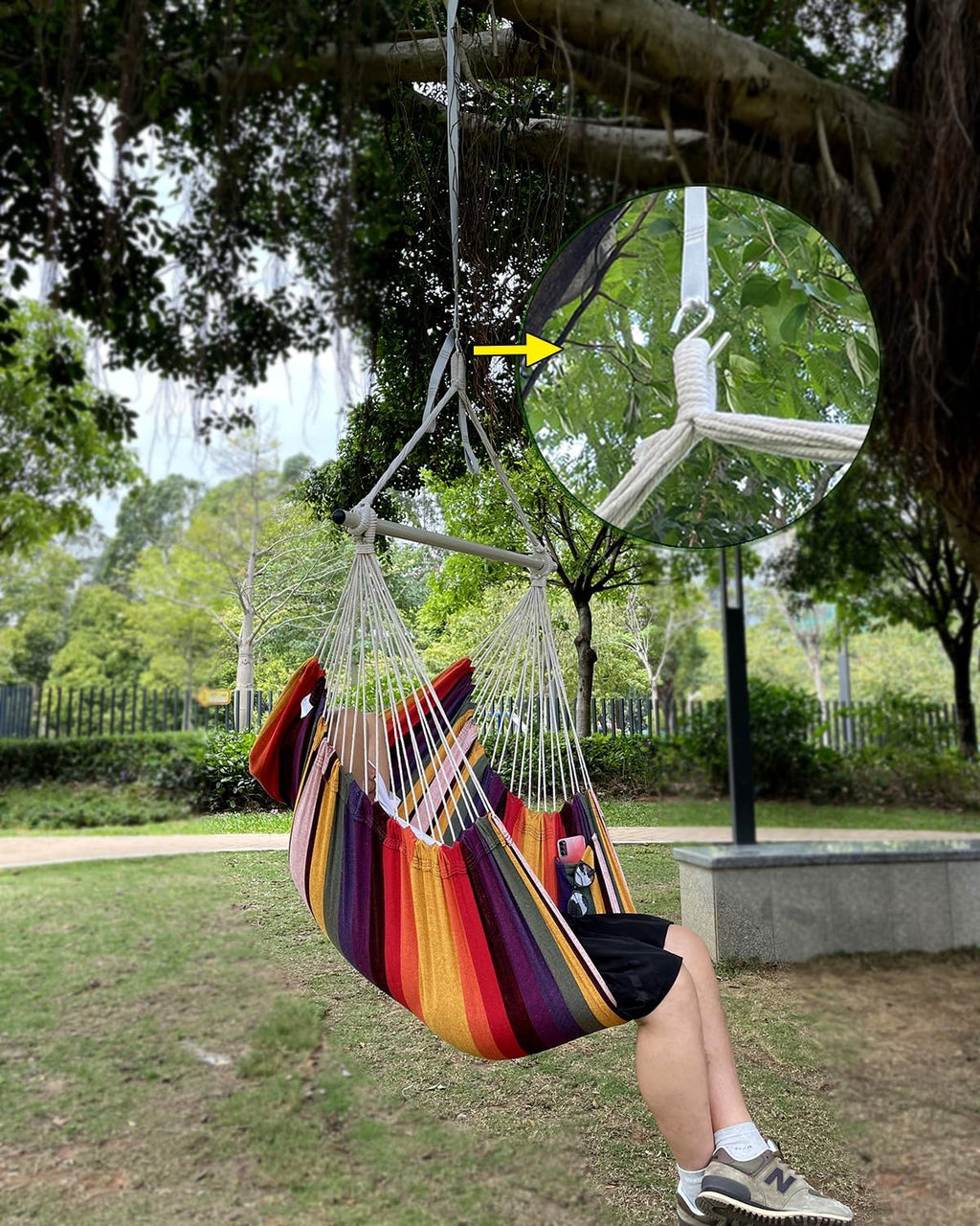 Hammock Chair Swing Indoor Outdoor 500 Lbs, Steel Bar & Anti-Slip | Heavy-Duty Steel Spreader Bar with Anti-Slip Rings, 51"L X 39"W, Includes Tree Strap & Carabiner