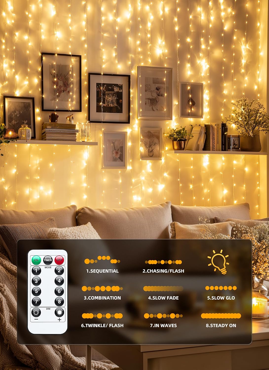 300 LED Fairy Curtain Lights, 9.8Ft X 9.8Ft String Lights | USB Plug in 8 Lighting Modes Christmas String Hanging Lights with Remote for Bedroom Indoor Outdoor Party Xmas Warm White