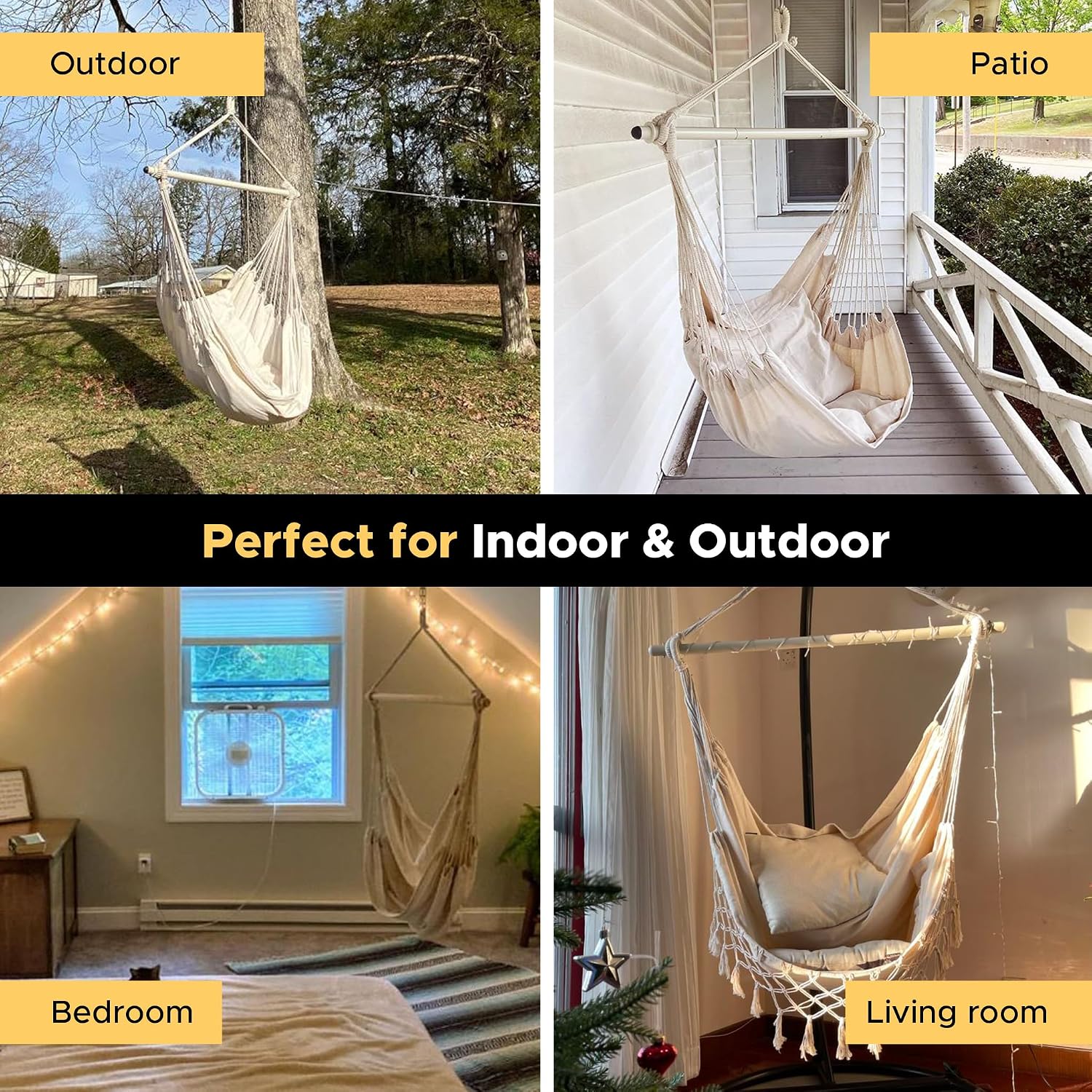 Hammock Chair Swing Indoor Outdoor 500 Lbs, Steel Bar & Anti-Slip | Heavy-Duty Steel Spreader Bar with Anti-Slip Rings, 51"L X 39"W, Includes Tree Strap & Carabiner