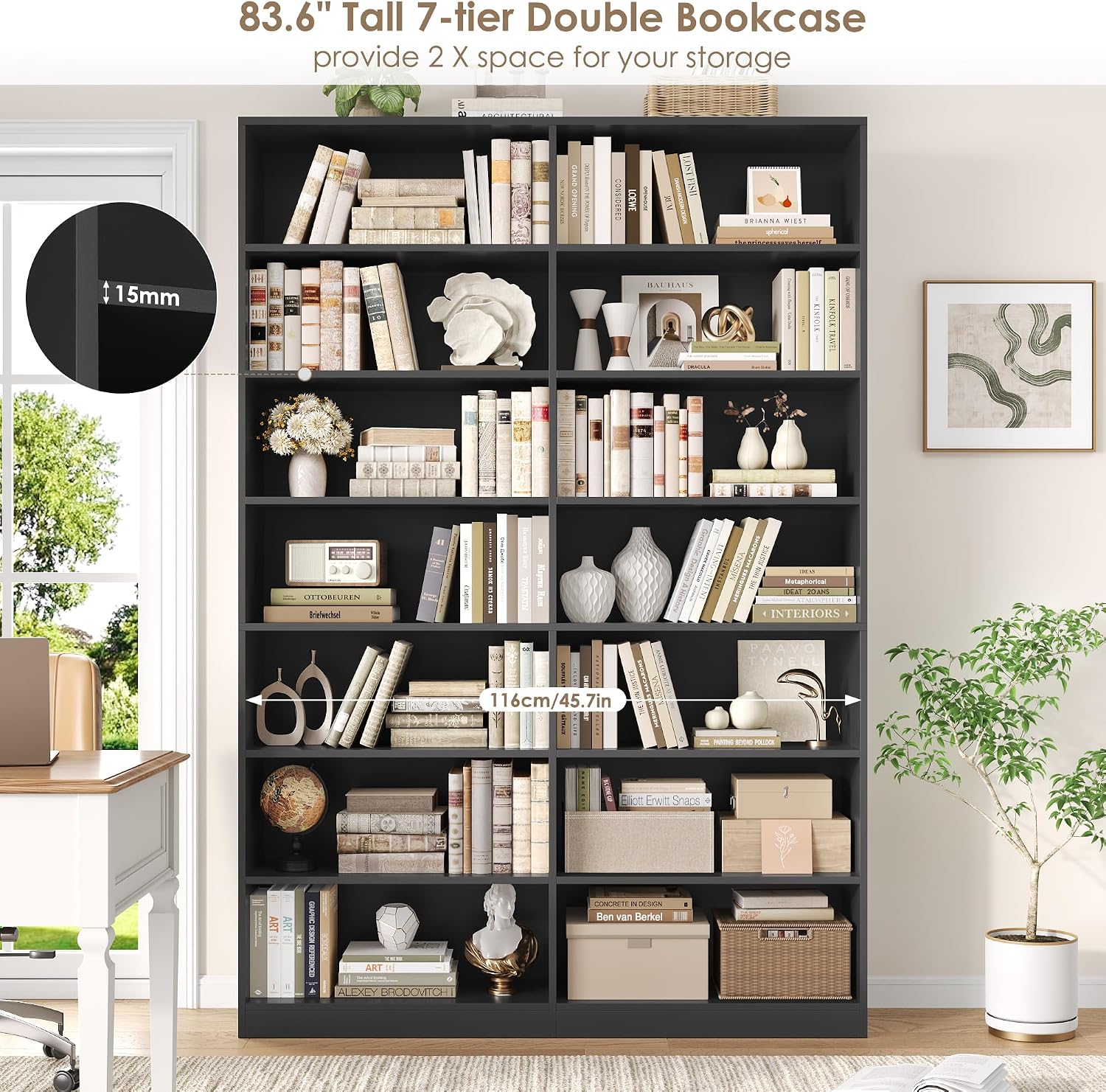 83.7" Tall Bookshelf and Bookcase,7-Tier Double Bookshelves Black | Modern Large Bookshelf with 14 Open Display Shelves, Tall Bookcase and Wide Book Shelves, for Home Office, Study, Living Room