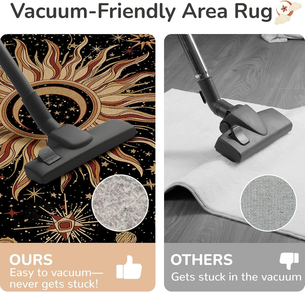 Vacuum-Friendly, 5X7 Washable Area Rug, Black Gold Beige Red | Sun and Moon Boho Gothic Non-Slip Low Pile Living Roon Bedroom Dining Room Kitchen Entry Entryway Entrance Hallway Doormat