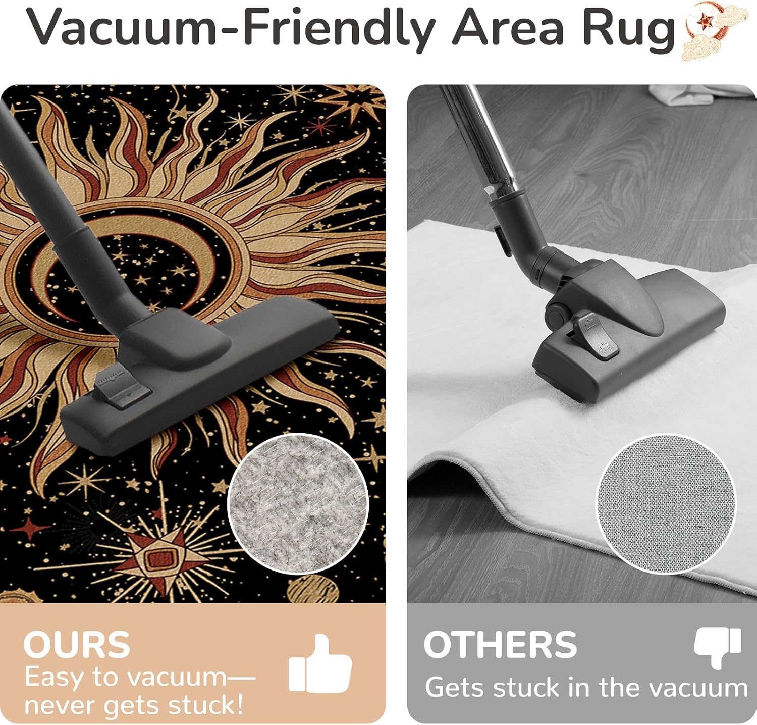 Vacuum-Friendly, 5X7 Washable Area Rug, Black Gold Beige Red | Sun and Moon Boho Gothic Non-Slip Low Pile Living Roon Bedroom Dining Room Kitchen Entry Entryway Entrance Hallway Doormat