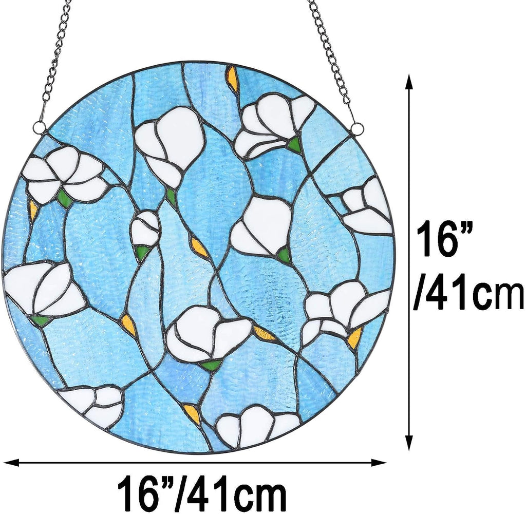 W10063 Magnolia Flower Tiffany Style Stained Glass Window Panel with Chain, round Shape, 16-Inch Wide