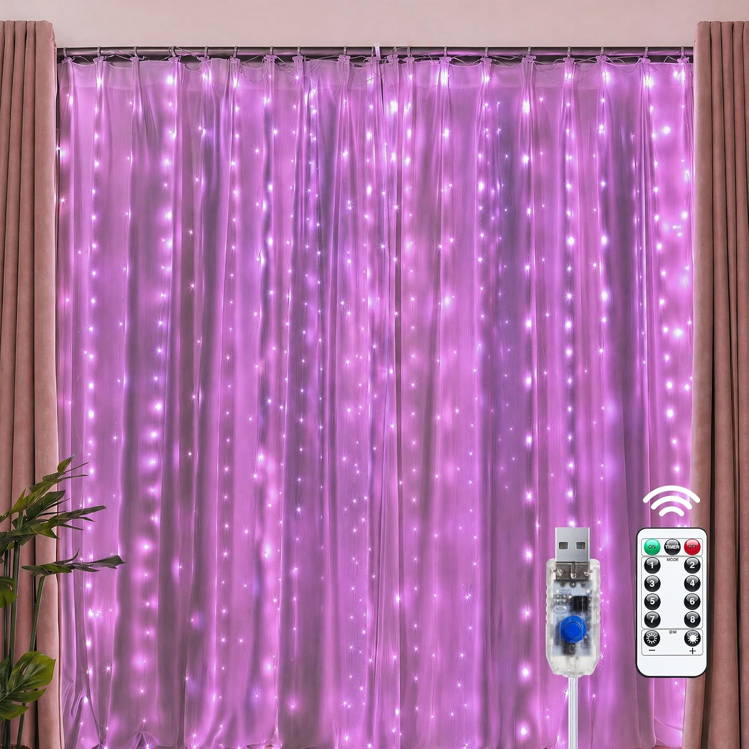300 LED Fairy Curtain Lights, 9.8Ft X 9.8Ft String Lights | USB Plug in 8 Lighting Modes Christmas String Hanging Lights with Remote for Bedroom Indoor Outdoor Party Xmas Warm White