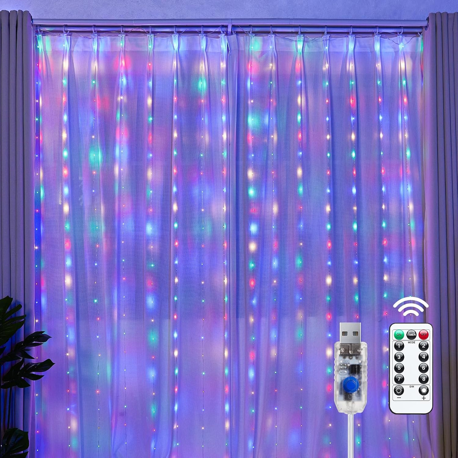 300 LED Fairy Curtain Lights, 9.8Ft X 9.8Ft String Lights | USB Plug in 8 Lighting Modes Christmas String Hanging Lights with Remote for Bedroom Indoor Outdoor Party Xmas Warm White