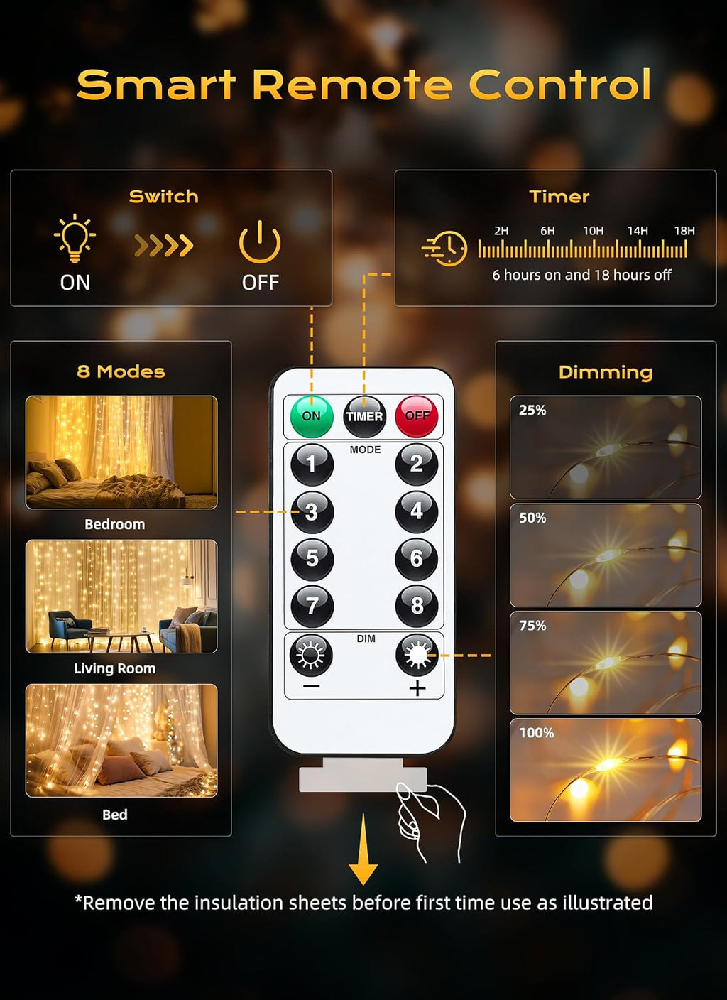 300 LED Fairy Curtain Lights, 9.8Ft X 9.8Ft String Lights | USB Plug in 8 Lighting Modes Christmas String Hanging Lights with Remote for Bedroom Indoor Outdoor Party Xmas Warm White